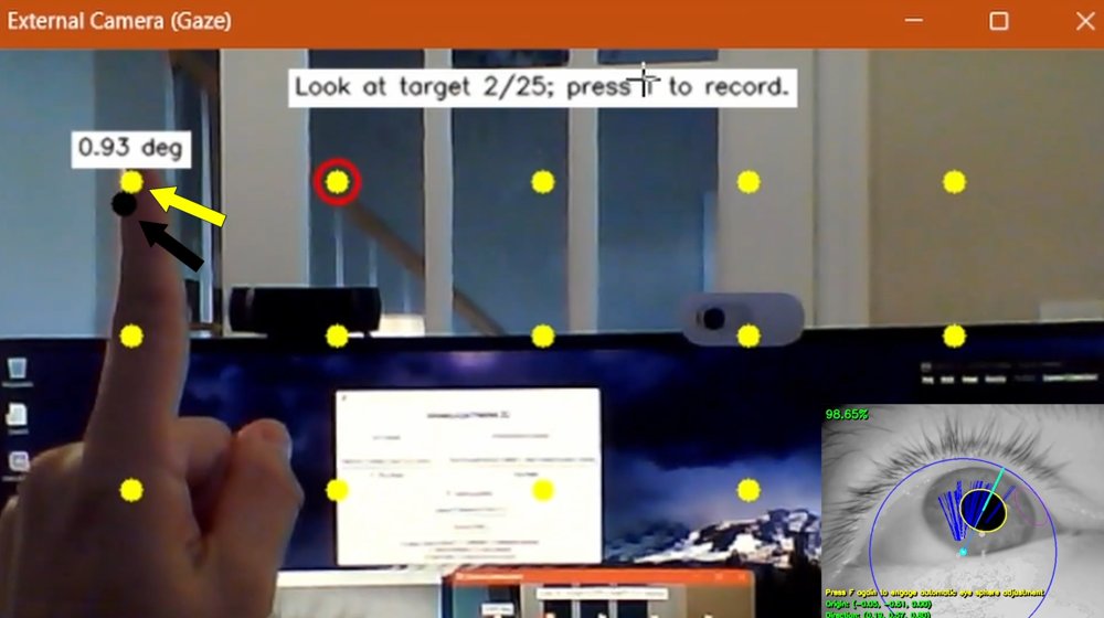 Accuracy checker with yellow grid targets, a red ring around the active target, and a black recorded gaze point with angular error