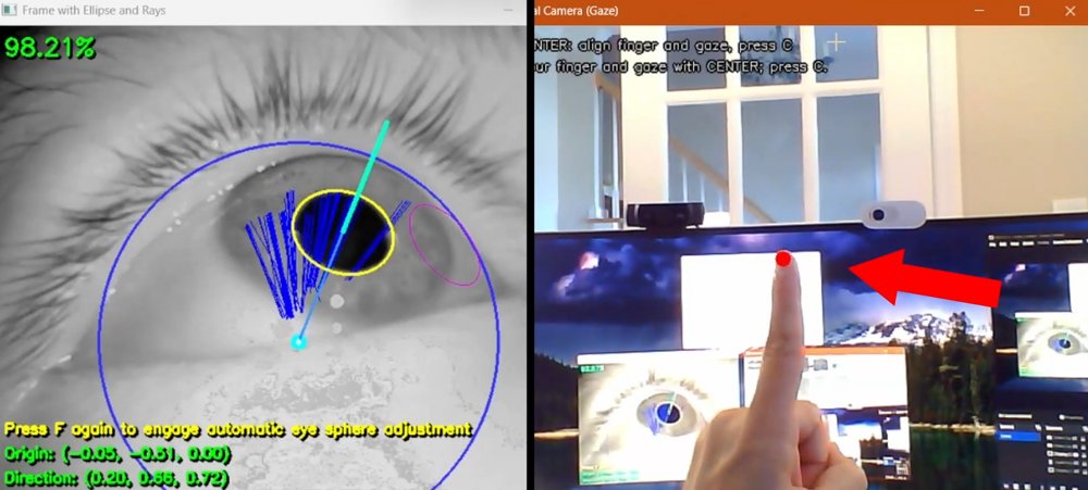 Eye tracking overlay beside a forward-camera view with a fingertip aligned to the red calibration dot